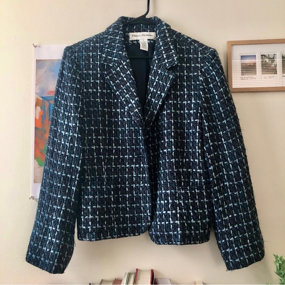 Vintage Woven Blazer in Blue - 90’s aesthetic - Sharp Shoulders - Tweed Jacket